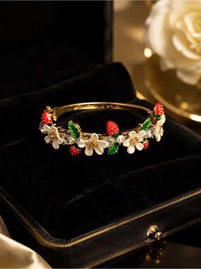 Gold Floral Strawberry Bangle Bracelet